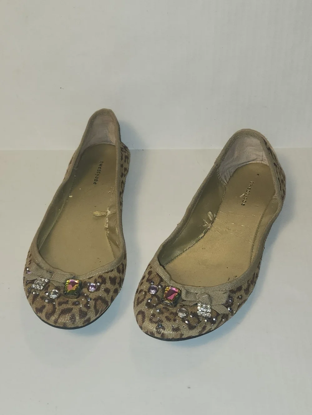 VTG Y2k Forever 21 Gold Leopard Embellished Gems Jewels Bow Ballet Flats 8 EUC